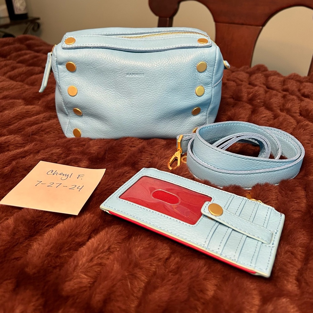 Hammitt Evan and matching 210 West wallet in Sea Sprite with brushed gold